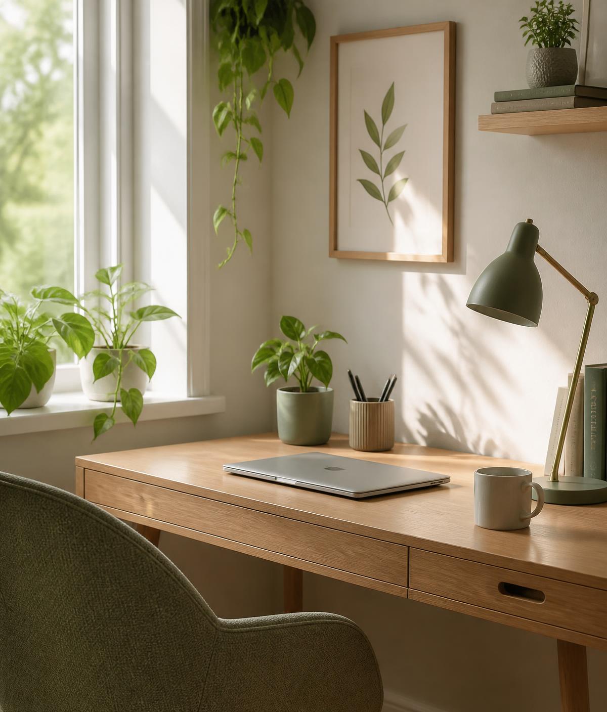 Ambiente sereno de home office com plantas e luz natural